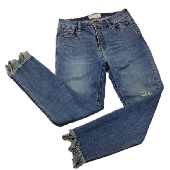 Free People Blue Whiskering Medium Wash Mid Rise Distressed Raw Hem Ankle Jean - Picture 1 of 13
